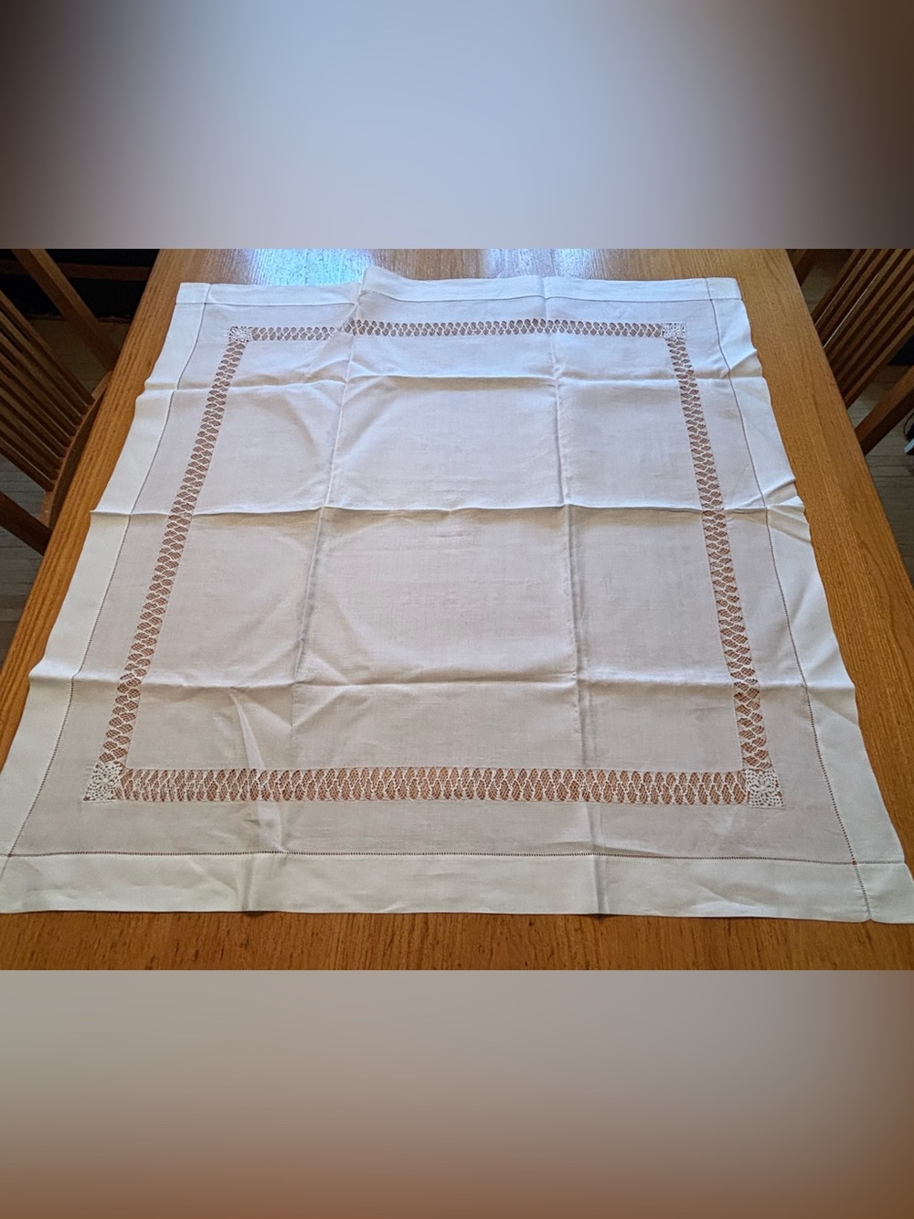 French antique white tablecloth, handmade embroidered/lace (3 ft square)